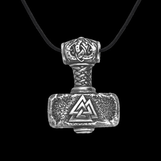 vkngjewelry Pendant Handcrafted The Huge Mjolnir Valknut Triquetra Thor's Sterling Silver Pendant + Braided Leather Cord