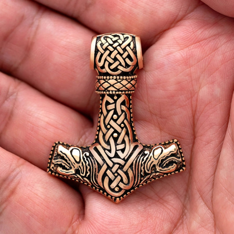 vkngjewelry Pendant Mjolnir Bronze Pendant With Jormungand Heads