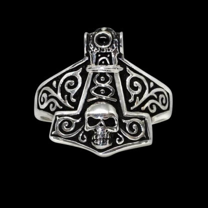 vkngjewelry Bagues Thor Hammer Norse Skull Sterling Silver Ring