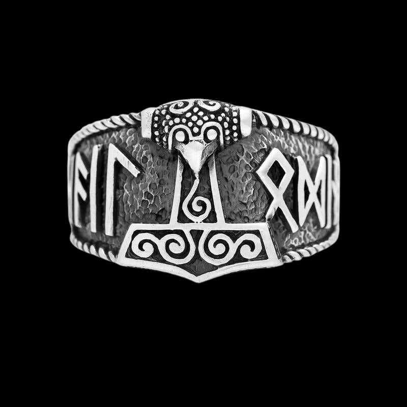 vkngjewelry Bagues Thor Hammer with Hail Odin Script RING 925 STERLING SILVER