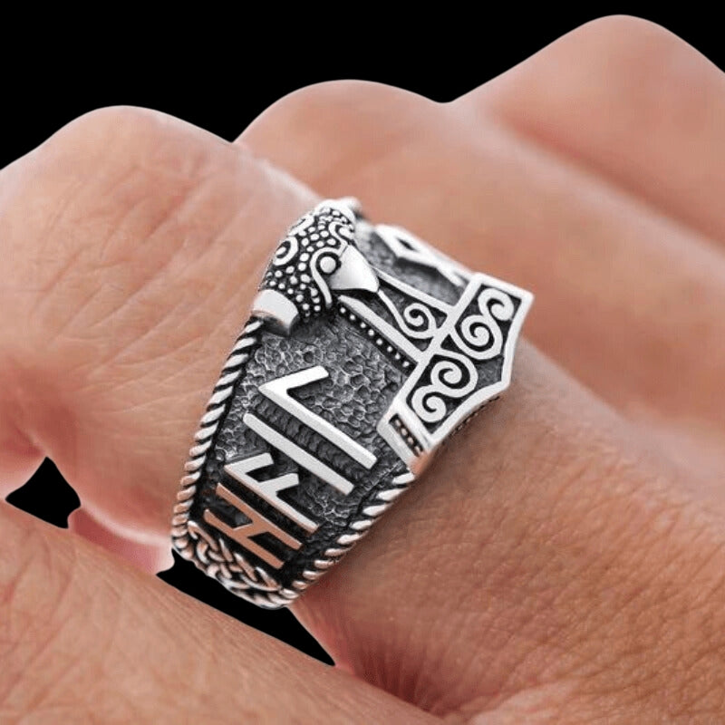 vkngjewelry Bagues Thor Hammer With Hail Odin Script Ring 925 Sterling Silver