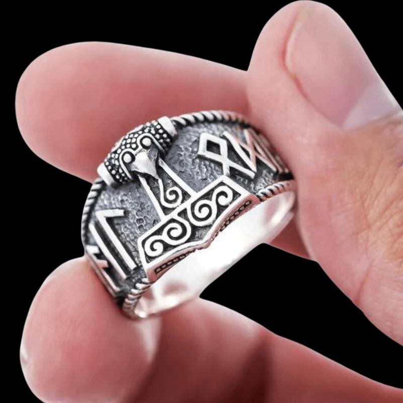 vkngjewelry Bagues Thor Hammer With Hail Odin Script Ring 925 Sterling Silver