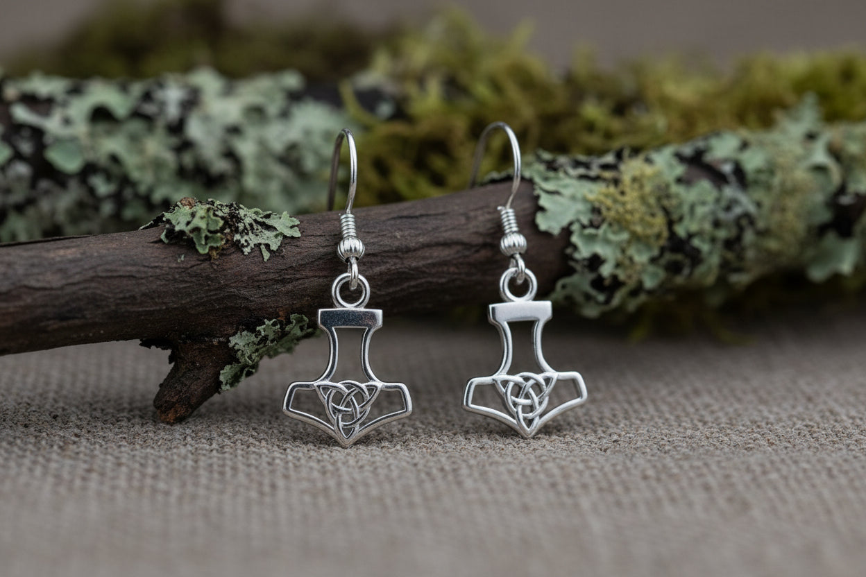 vkngjewelry Earrings Thor's Hammer with Triquetra Earrings, Viking Silver Knot