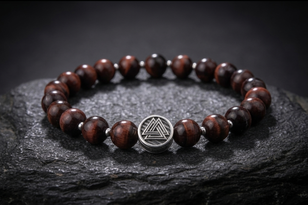 vkngjewelry Bracelet Tiger's Eye Beaded Bracelet with 925 Sterling Silver Valknut Bead