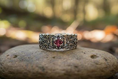vkngjewelry Rings Triquetra Silver Ring with Garnet, Norse Wedding Jewelry