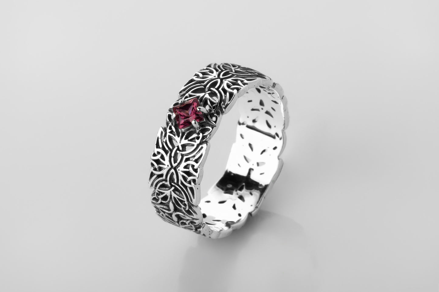 vkngjewelry Rings Triquetra Silver Ring with Garnet, Norse Wedding Jewelry