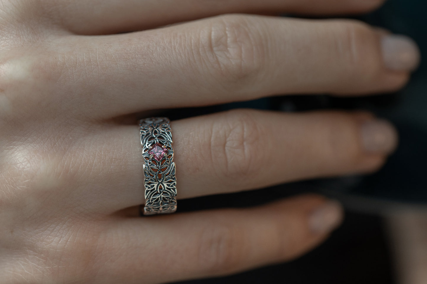 vkngjewelry Rings Triquetra Silver Ring with Garnet, Norse Wedding Jewelry