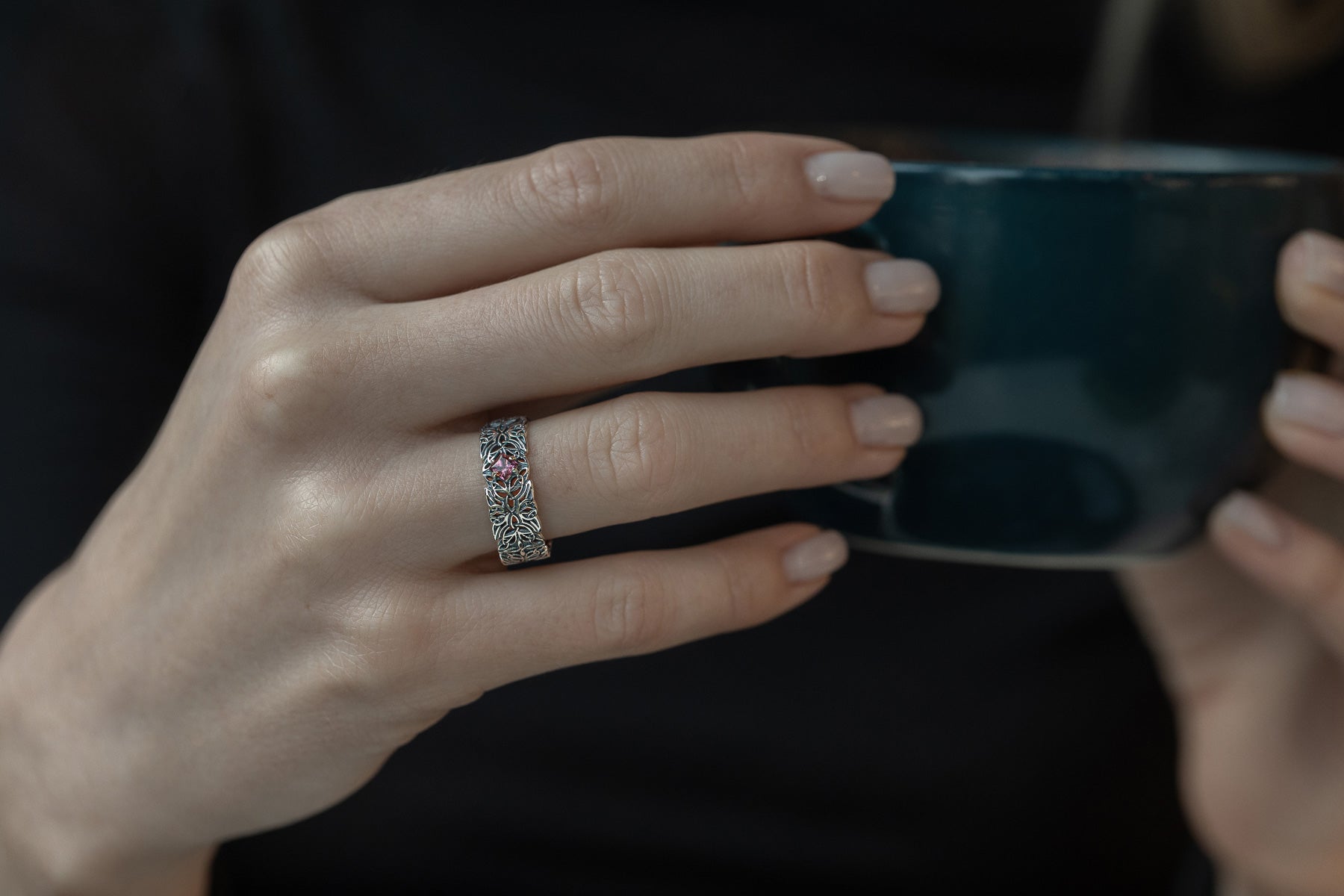 vkngjewelry Rings Triquetra Silver Ring with Garnet, Norse Wedding Jewelry