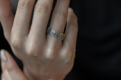 vkngjewelry Rings Triquetra Silver Ring with Garnet, Norse Wedding Jewelry