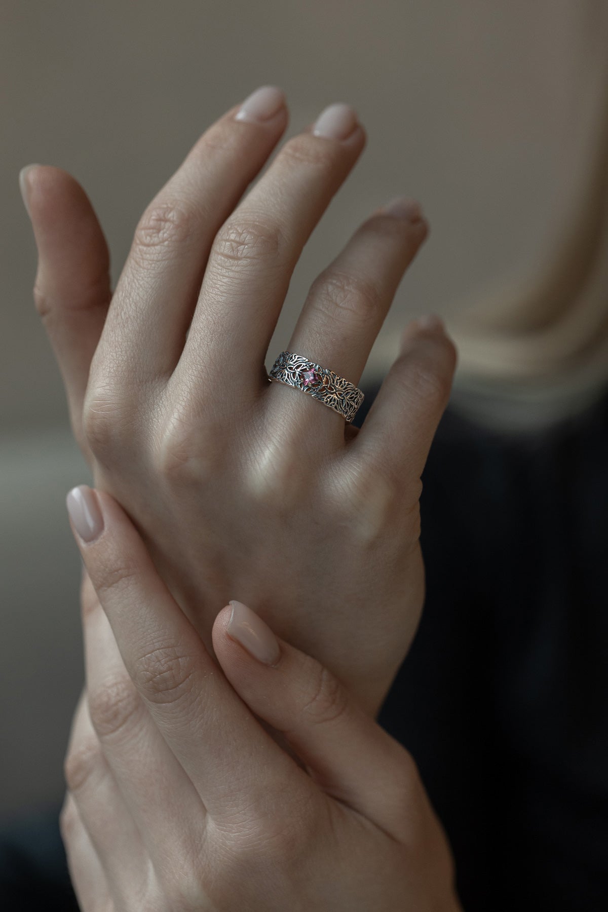 vkngjewelry Rings Triquetra Silver Ring with Garnet, Norse Wedding Jewelry