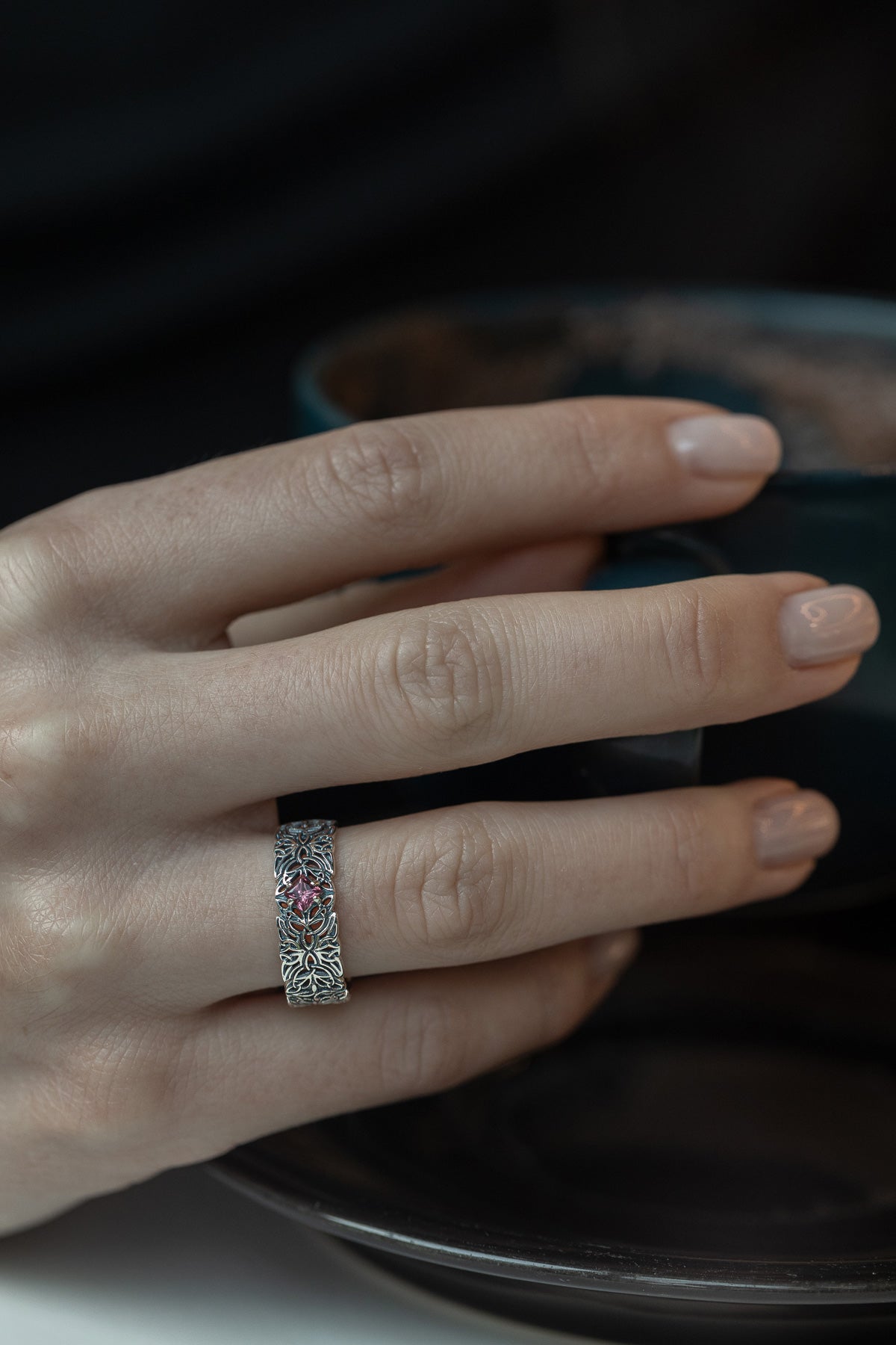 vkngjewelry Rings Triquetra Silver Ring with Garnet, Norse Wedding Jewelry