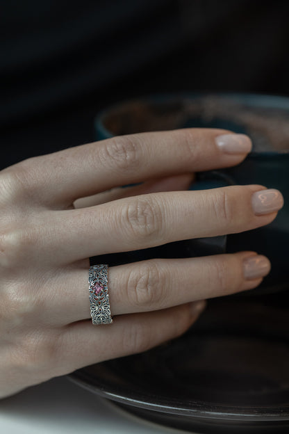 vkngjewelry Rings Triquetra Silver Ring with Garnet, Norse Wedding Jewelry