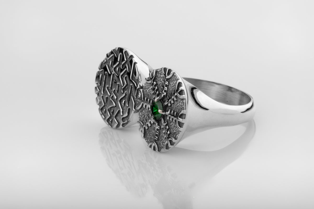 vkngjewelry Ring Twin Disc Silver Ring with Aegishjalmur
