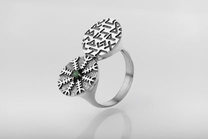 vkngjewelry Ring Twin Disc Silver Ring with Aegishjalmur