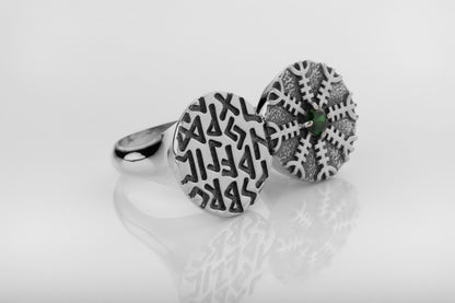 vkngjewelry Ring Twin Disc Silver Ring with Aegishjalmur