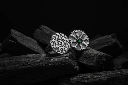 vkngjewelry Ring Twin Disc Silver Ring with Aegishjalmur