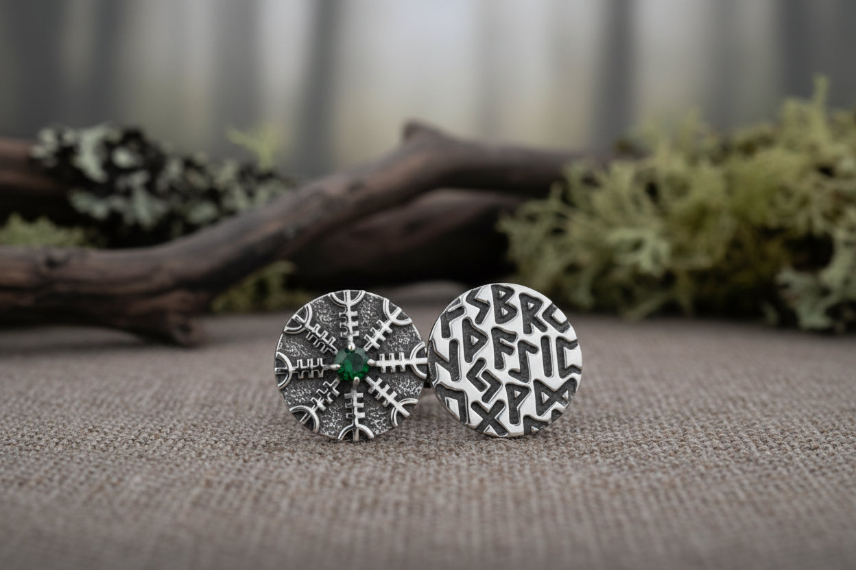 vkngjewelry Ring Twin Disc Silver Ring with Aegishjalmur
