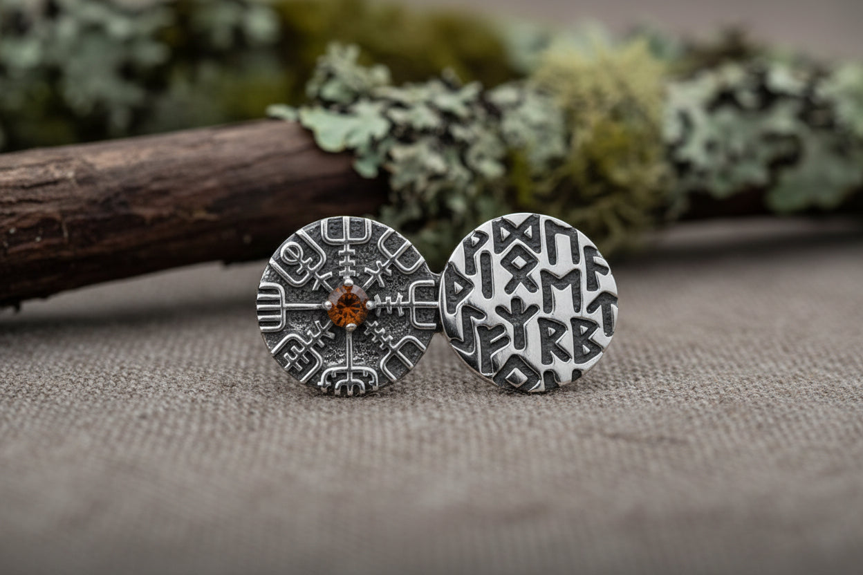 vkngjewelry Ring Twin Disc Silver Ring with Vegvísir