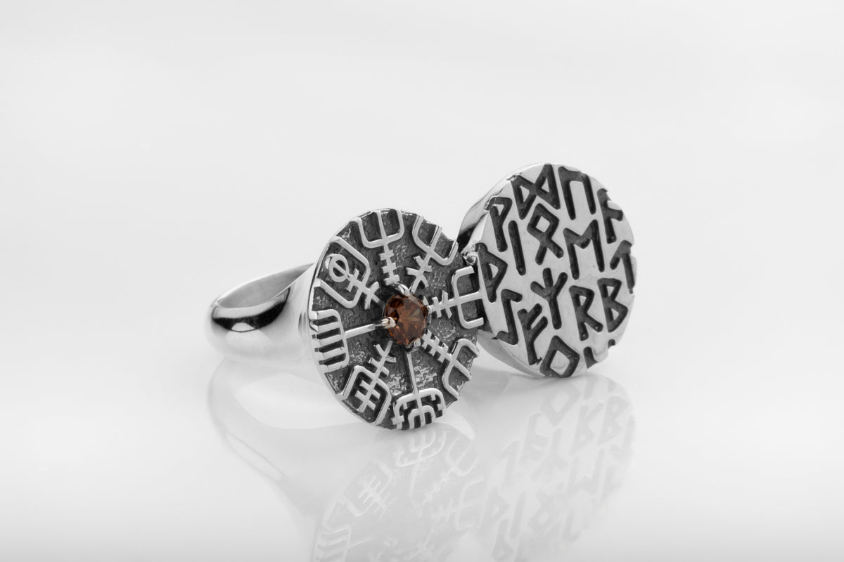 vkngjewelry Ring Twin Disc Silver Ring with Vegvísir
