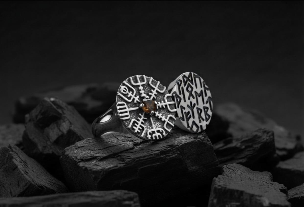 vkngjewelry Ring Twin Disc Silver Ring with Vegvísir