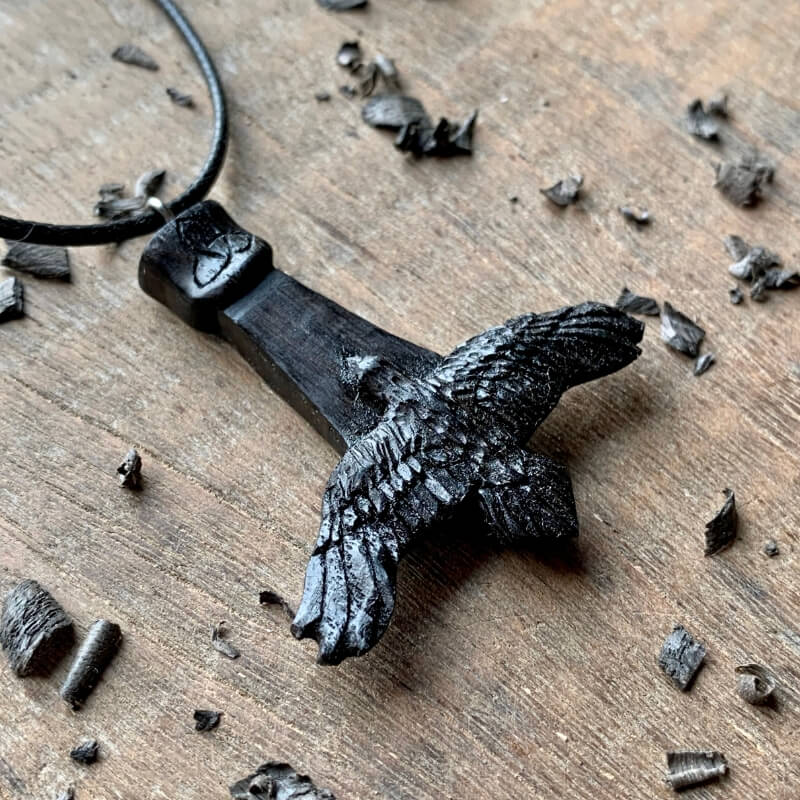 vkngjewelry Pendant Unique Bog Oak Wood Mjolnir Raven Triquetra Pendant