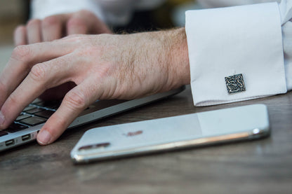 vkngjewelry Cufflinks Handcrafted Unique Norse Ornament Square v4 Sterling Silver Cufflinks