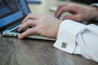 vkngjewelry Cufflinks Handcrafted Unique Norse Ornament Square v4 Sterling Silver Cufflinks