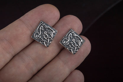 vkngjewelry Cufflinks Handcrafted Unique Norse Ornament Square v4 Sterling Silver Cufflinks