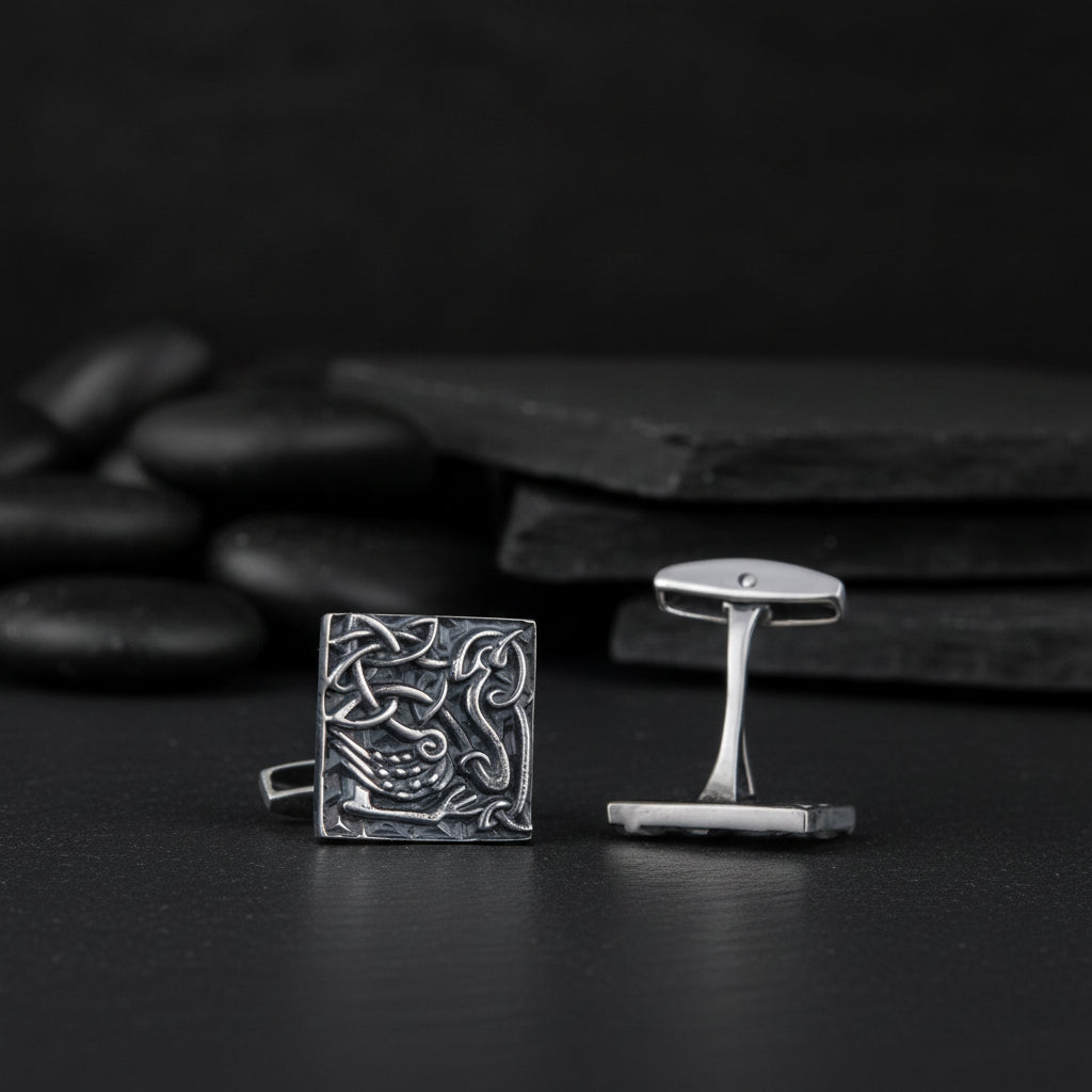 vkngjewelry Cufflinks Handcrafted Unique Norse Ornament Square v4 Sterling Silver Cufflinks