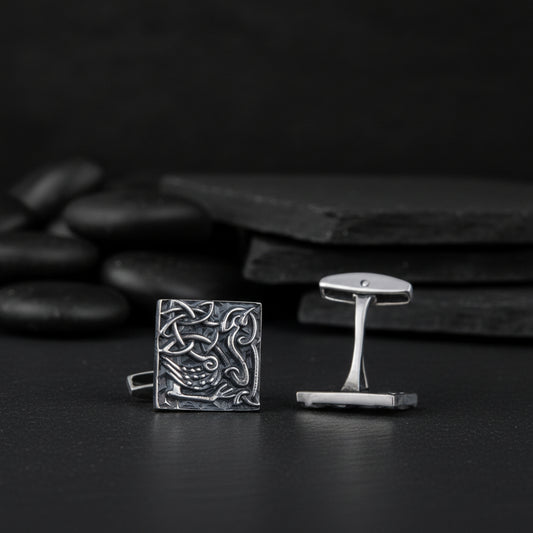 vkngjewelry Cufflinks Handcrafted Unique Norse Ornament Square v4 Sterling Silver Cufflinks