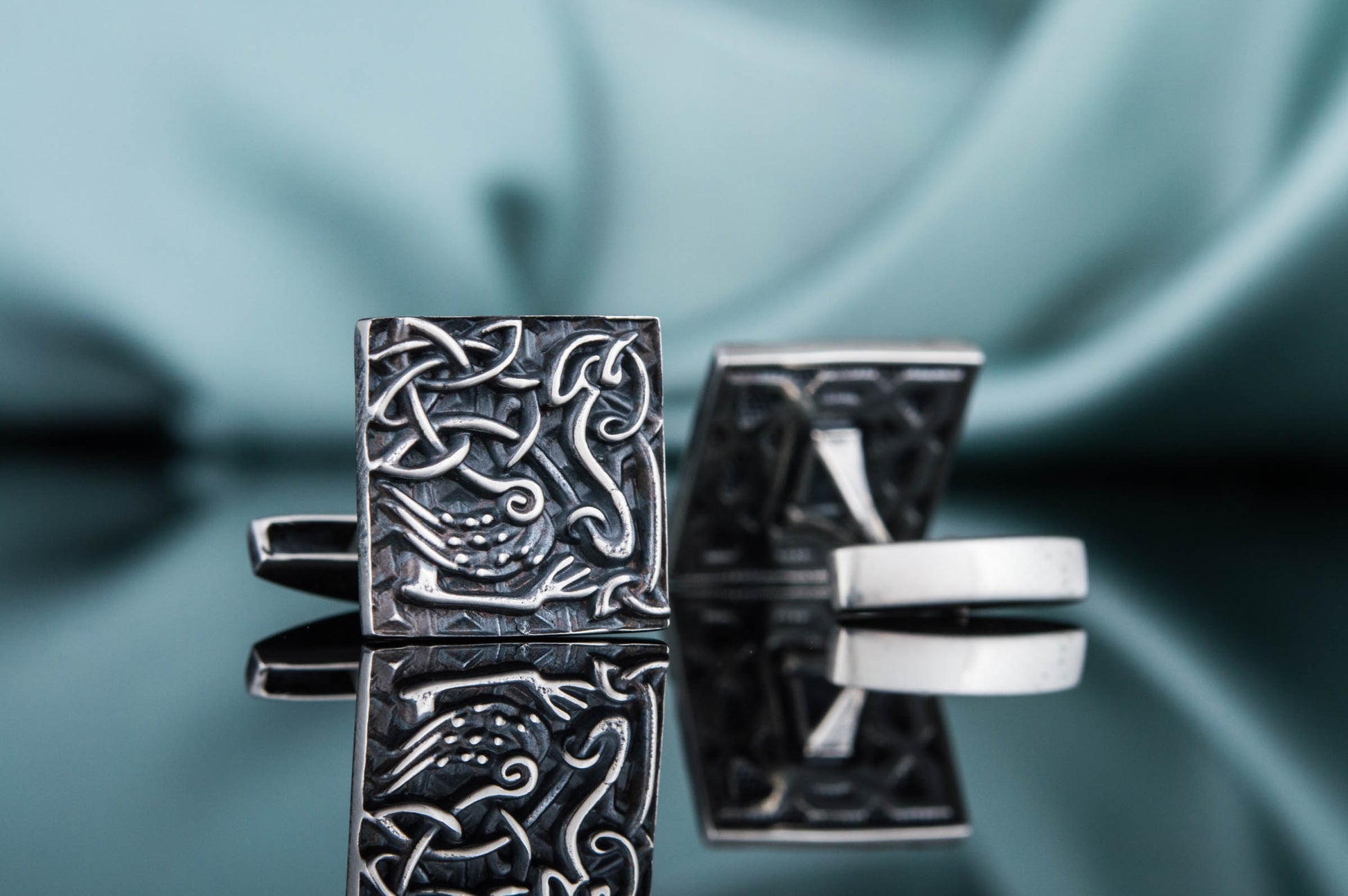 vkngjewelry Cufflinks Handcrafted Unique Norse Ornament Square v4 Sterling Silver Cufflinks