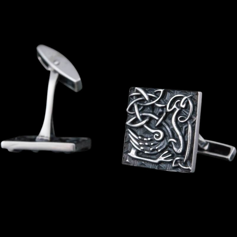 vkngjewelry Bontons de Manchettes Handcrafted Unique Norse Ornament Square v4 Sterling Silver Cufflinks