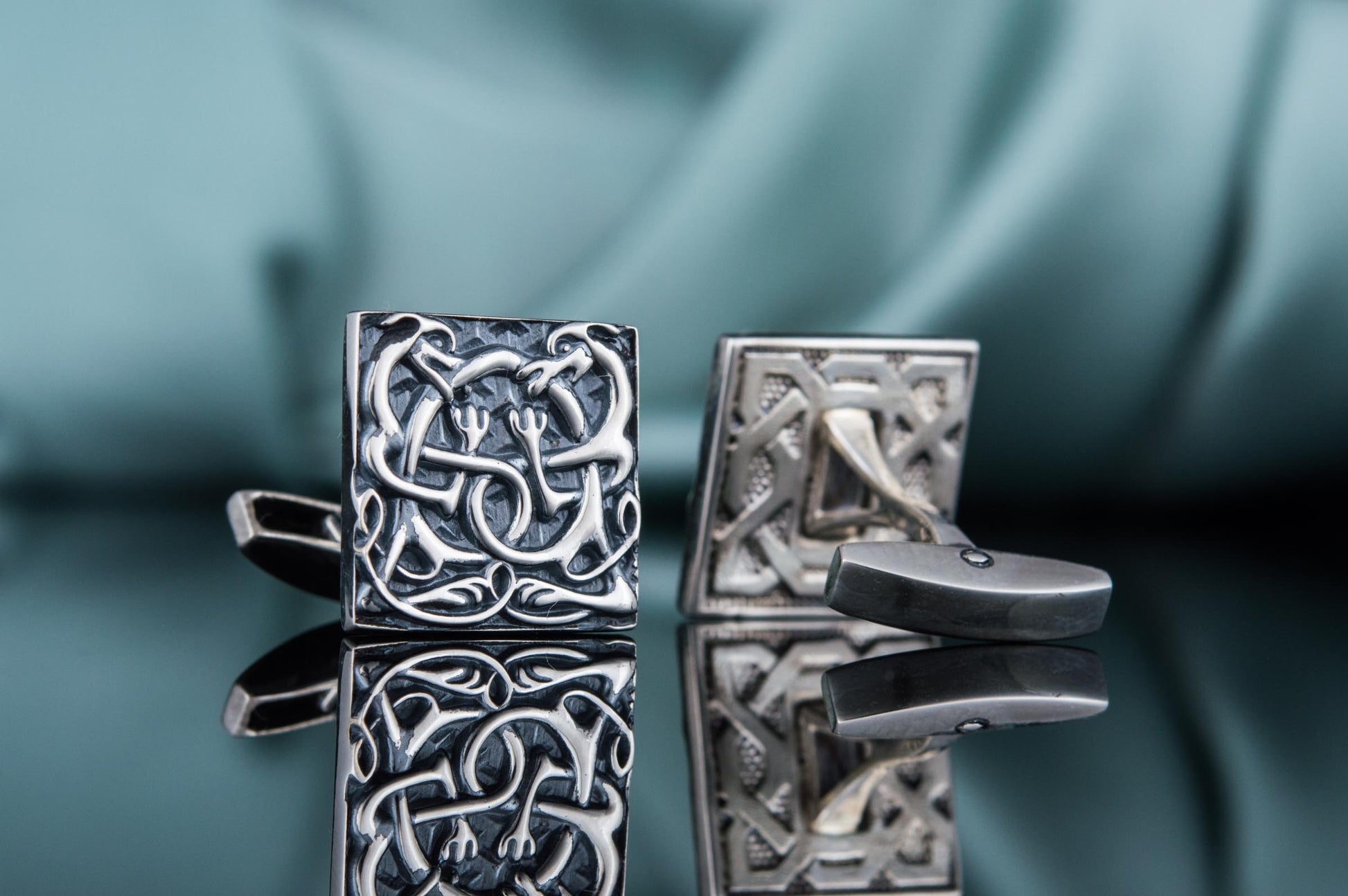 vkngjewelry Cufflinks Handcrafted Unique Norse Ornament Square v3 Sterling Silver Cufflinks