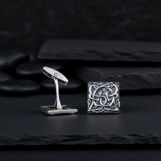 vkngjewelry Cufflinks Handcrafted Unique Norse Ornament Square v3 Sterling Silver Cufflinks
