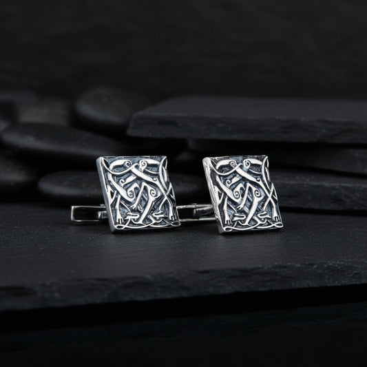 vkngjewelry Cufflinks Unique Norse Ornament Square v2 Sterling Silver Cufflinks