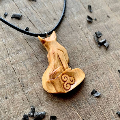 vkngjewelry Pendant Unique Olive Wood Celtic Fox Triskelion Design Pendant