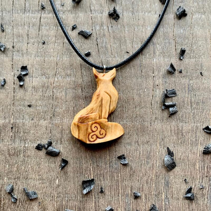 vkngjewelry Pendant Unique Olive Wood Celtic Fox Triskelion Design Pendant