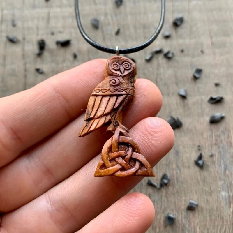 vkngjewelry Pendant Unique Plum Wood Celtic Owl Triquetra Pendant Style 1