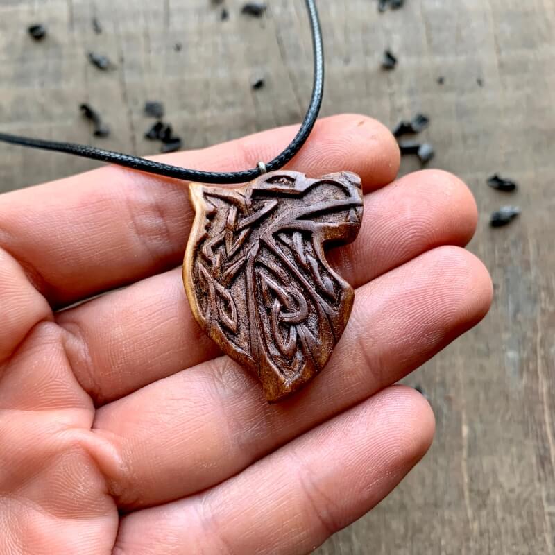 vkngjewelry Pendant Unique Plum Wood Norse Design Wolf  Pendant