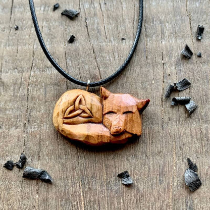 vkngjewelry Pendant Unique Plum Wood Sleeping Fox Triquetra Pendant