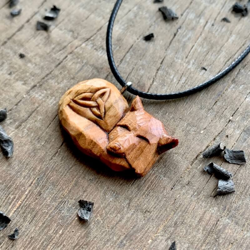 vkngjewelry Pendant Unique Plum Wood Sleeping Fox Triquetra Pendant