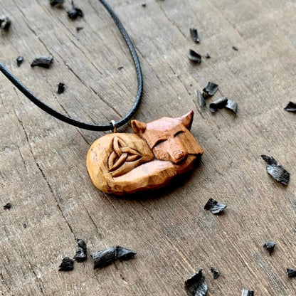 vkngjewelry Pendant Unique Plum Wood Sleeping Fox Triquetra Pendant