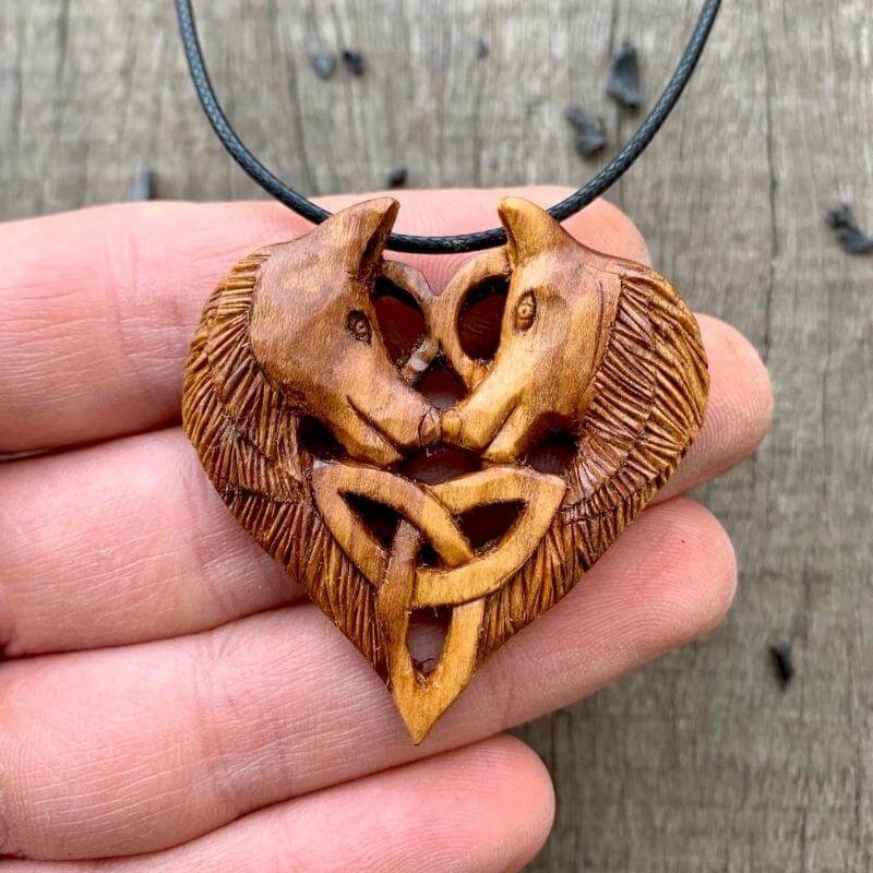 vkngjewelry Pendant Unique Plum Wood Wolves in Love Triquetra Pendant