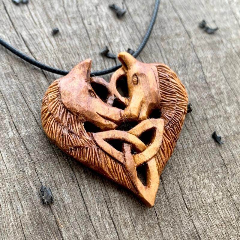 vkngjewelry Pendant Unique Plum Wood Wolves in Love Triquetra Pendant