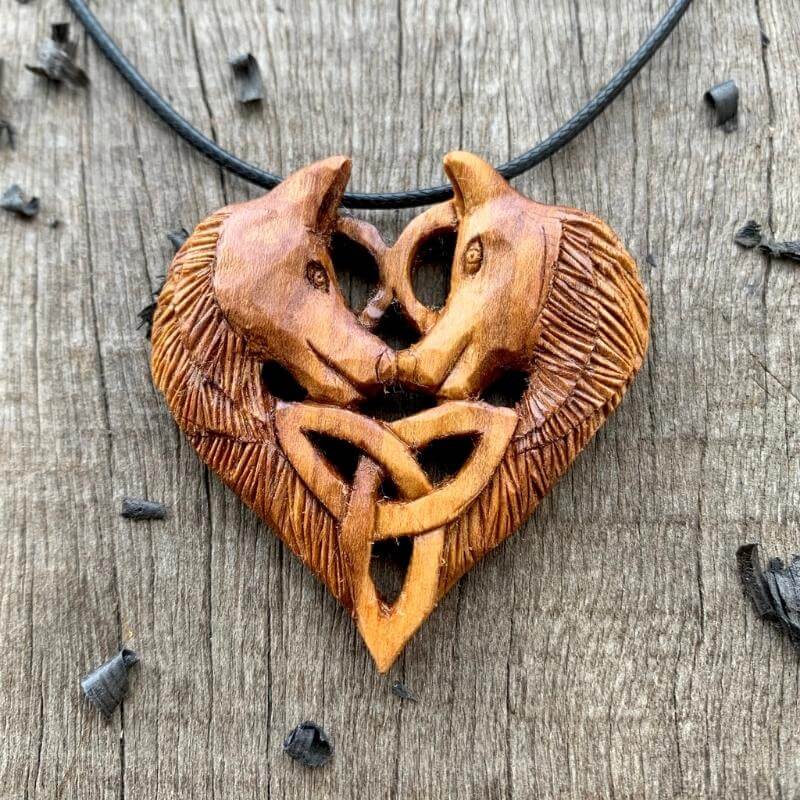 vkngjewelry Pendant Unique Plum Wood Wolves in Love Triquetra Pendant