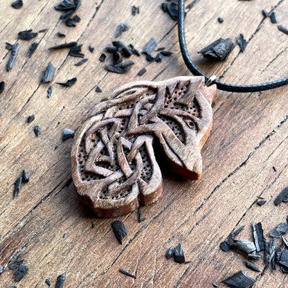 vkngjewelry Pendant Handcarved Unique Walnut Wood Celtic Design Fox Pendant Style 1