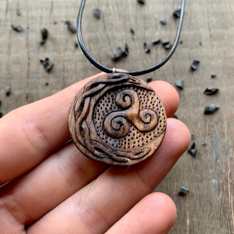 vkngjewelry Pendant Unique Walnut Wood Celtic Sun And Moon Triskelion Pendant