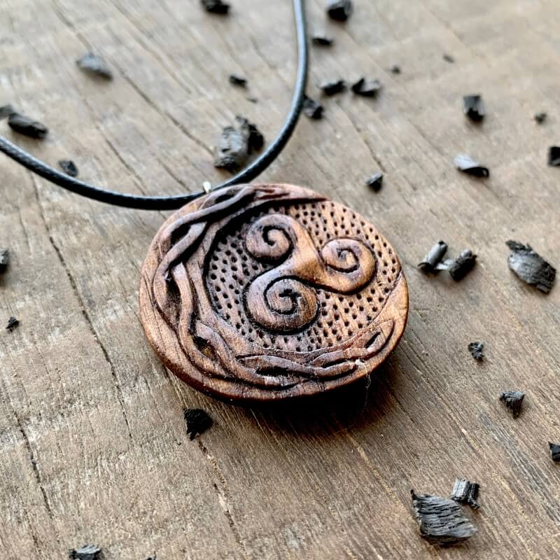 vkngjewelry Pendant Unique Walnut Wood Celtic Sun And Moon Triskelion Pendant