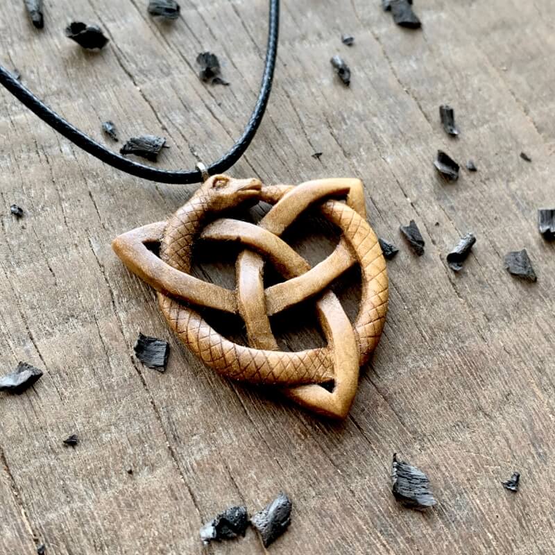 vkngjewelry Pendant Unique Walnut Wood Celtic Uroboro Serpent Triquetra Pendant 3D Version