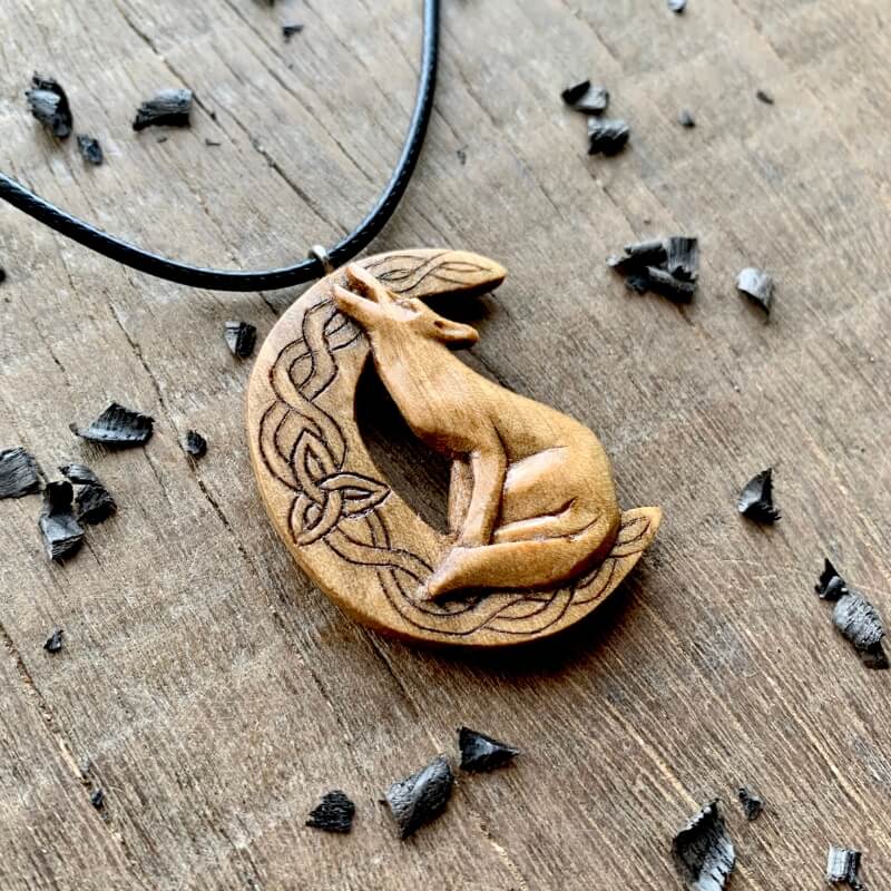 vkngjewelry Pendant Unique Walnut Wood Celtic Wolf On The Moon With Triquetra Pendant Style 1